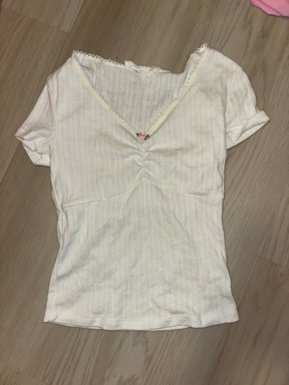Women's White Short-Sleeve V-Neck Knit Tee with Lace Trim